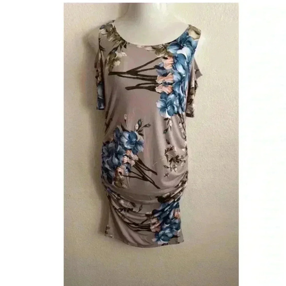 🆕 Hello Miz Maternity Gray & Blue Floral Cold-Shoulder Dress M🆕 - Picture 5 of 10